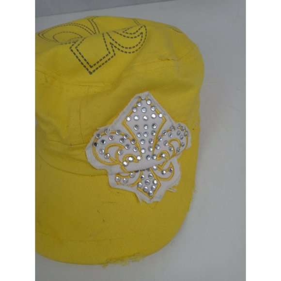 Pit Bull Yellow  Distressed Beaded Fluer De Lis Cadet Army Military Cap - Picture 2 of 8